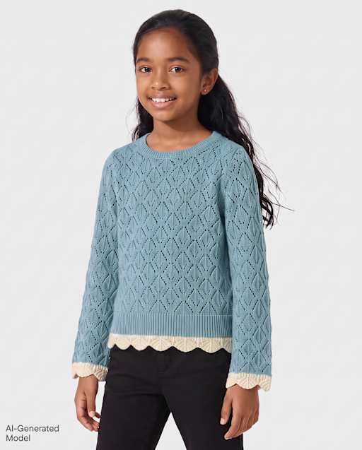 Girls Scalloped Pointelle Sweater