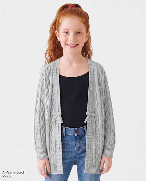 Girls Laced Bow Cable Knit Cardigan