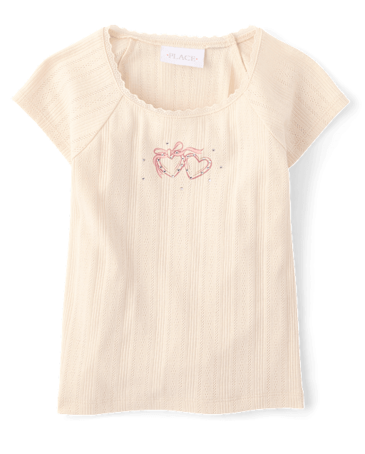 Girls Rhinestone Graphic Pointelle Top