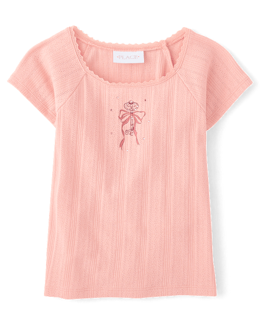 Girls Rhinestone Graphic Pointelle Top