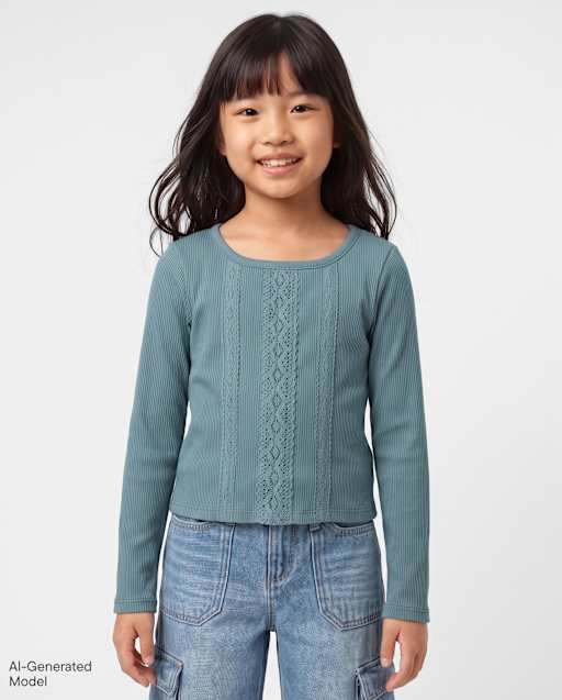 Girls Crochet Lace Trim Ribbed Baby Tee