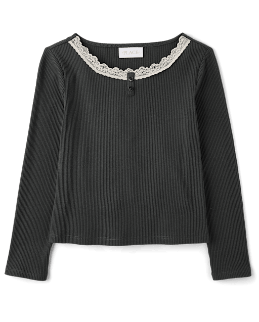 Girls Lace Neck Ribbed Henley Top