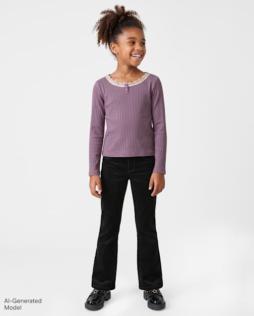 Girls Lace Neck Ribbed Henley Top