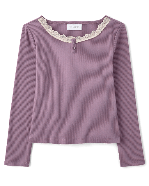 Girls Lace Neck Ribbed Henley Top