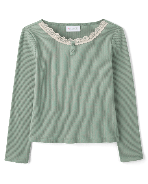 Girls Lace Neck Ribbed Henley Top