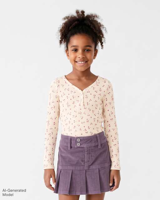 Girls Floral V-Neck Ribbed Henley Top