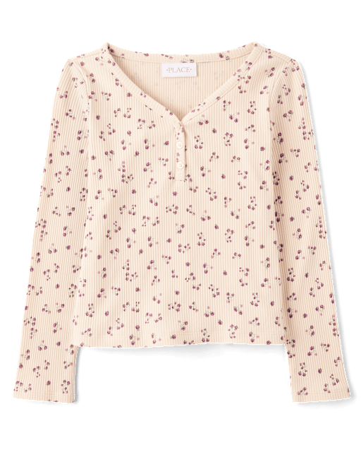 Girls Floral V-Neck Ribbed Henley Top