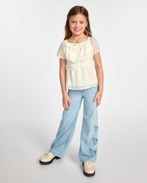 Girls Applique Butterfly Wide Leg Jeans