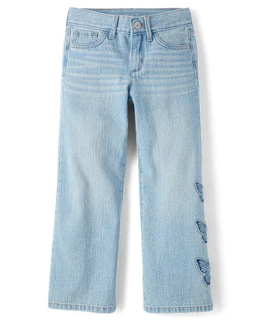 Girls Applique Butterfly Wide Leg Jeans