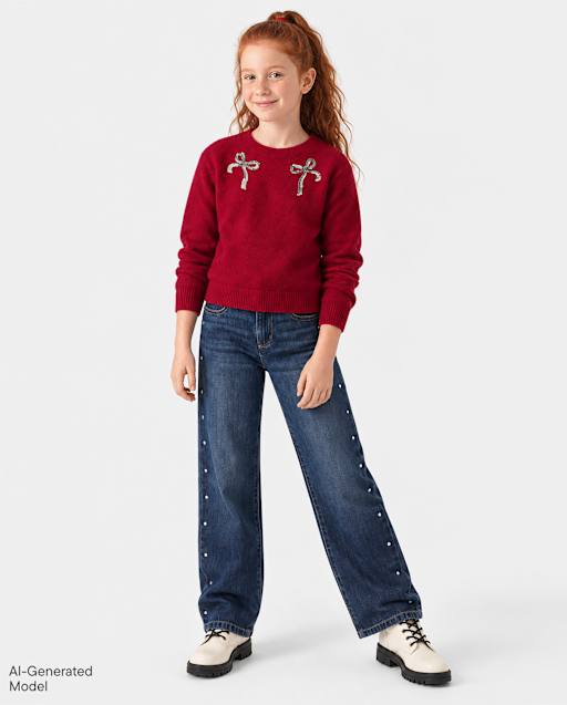 Girls Studded Wide Leg Jeans