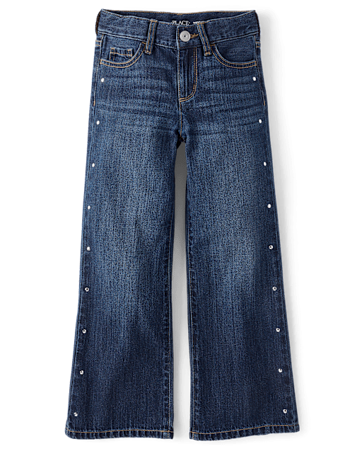 Girls Studded Wide Leg Jeans