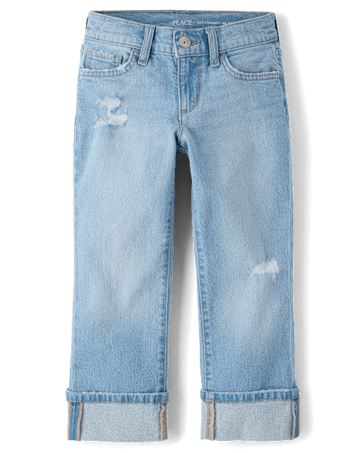 Girls Ripped Roll Cuff 90s Straight Jeans