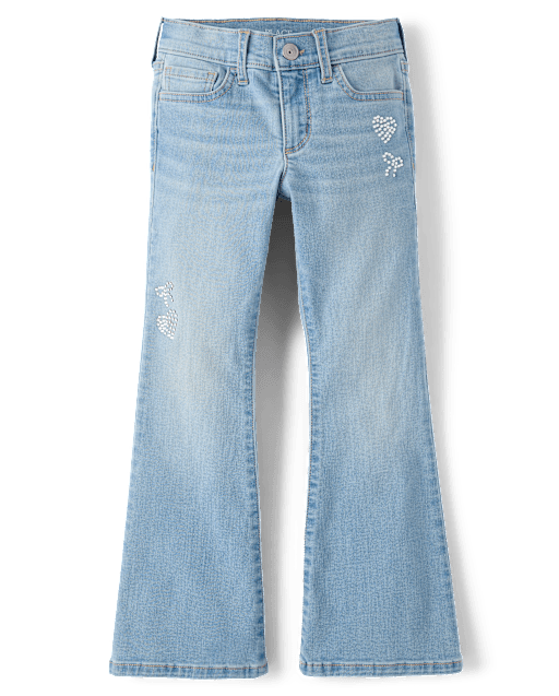 Girls Rhinestone Heart Flare Jeans