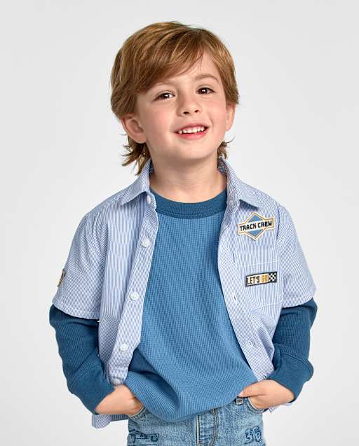 Baby And Toddler Boys Embroidered Racecar Patch Poplin Button Up Shirt