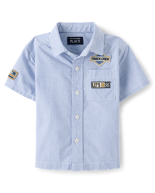 Baby And Toddler Boys Embroidered Racecar Patch Poplin Button Up Shirt