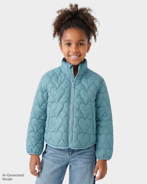 Girls Heart Quilted Packable Puffer Jacket