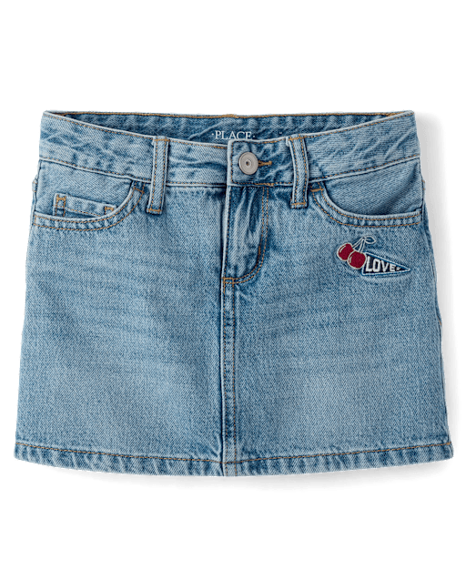 Girls Embroidered Patch Denim Skort