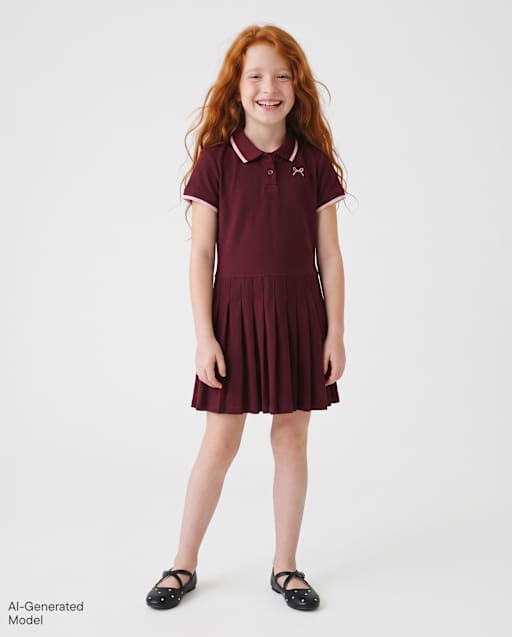Girls Embroidered Icon Drop Waist Polo Dress