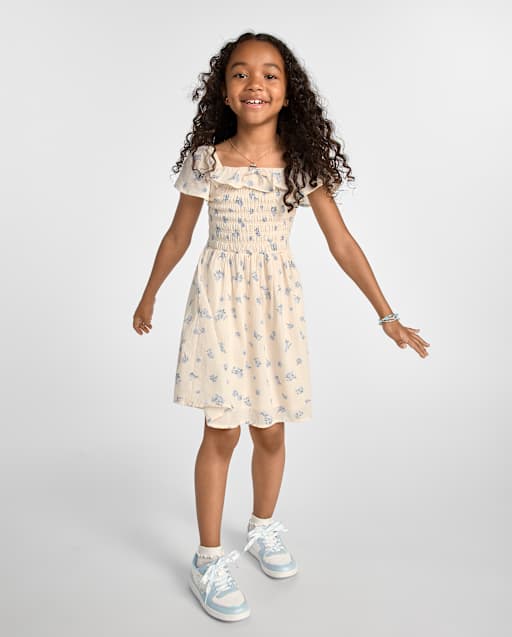 Girls Floral Textured Smocked Dress