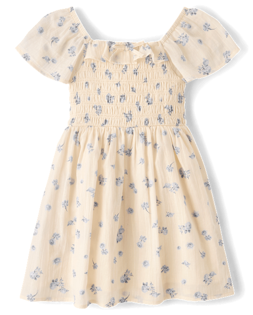 Girls Floral Textured Smocked Dress