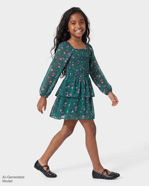 Girls Floral Chiffon Flounce Dress