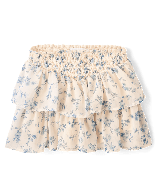 Girls Floral Chiffon Smocked Tiered Skort