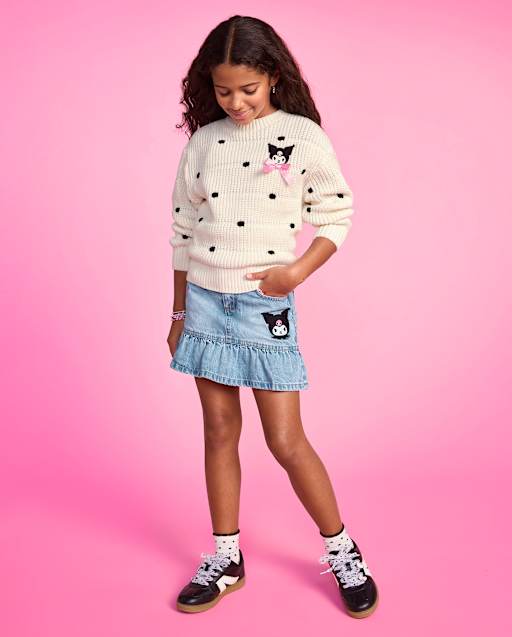 Jupe-short à volants en denim brodé Kuromi™ pour filles
