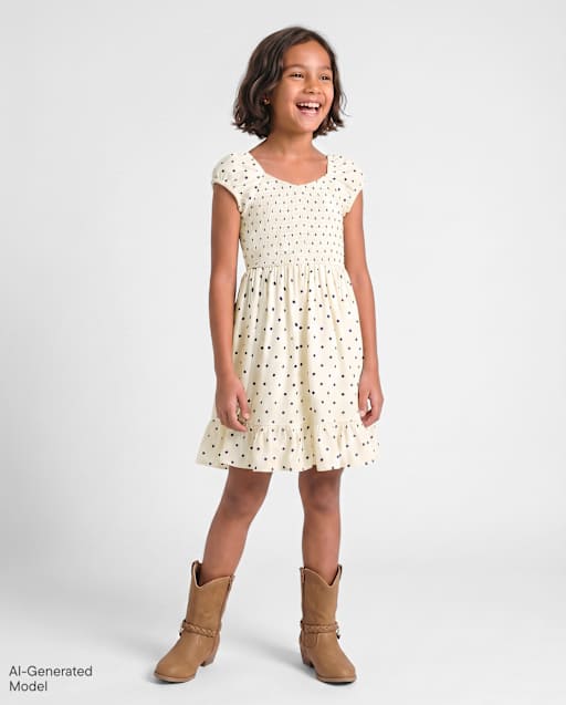 Girls Print Smocked Ruffle Dress