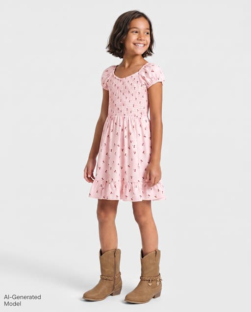 Girls Print Smocked Ruffle Dress