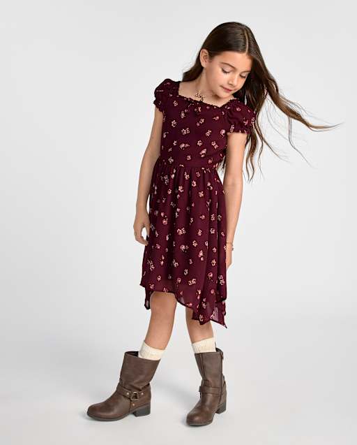 Girls Floral Chiffon Hanky Hem Dress