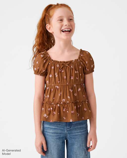 Girls Floral Textured Puff Sleeve Top
