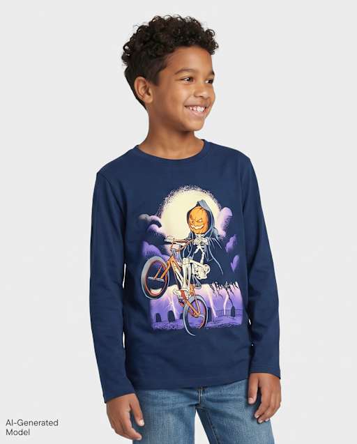 Boys Halloween Pumpkin Biker Graphic Tee