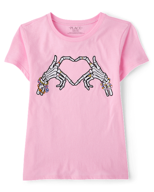 Girls Glow Halloween Skeleton Heart Graphic Tee