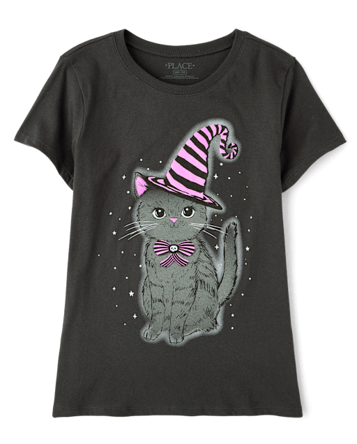 Girls Glow Halloween Cat Graphic Tee