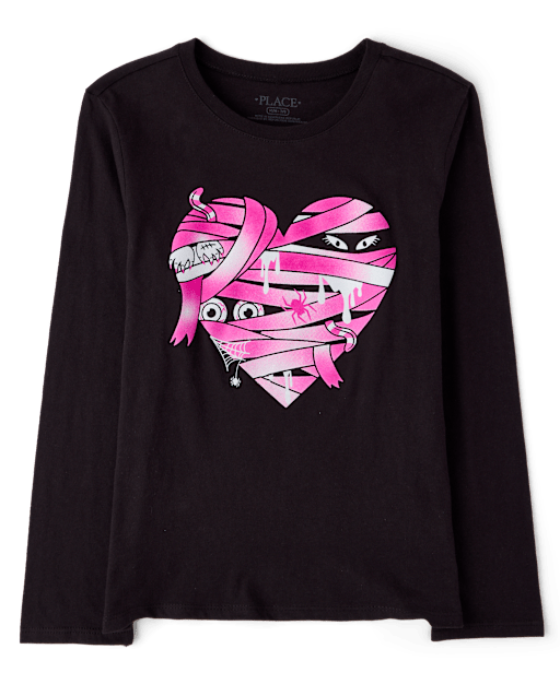 Girls Glow Halloween Mummy Heart Graphic Tee