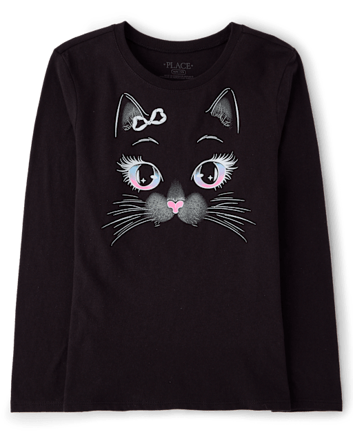 Girls Glow Halloween Cat Face Graphic Tee