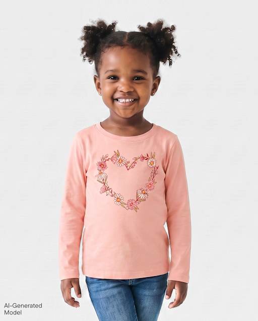 Baby And Toddler Girls Floral Heart Graphic Tee