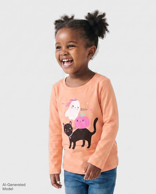 Baby And Toddler Girls Halloween Cat Ghost Graphic Tee