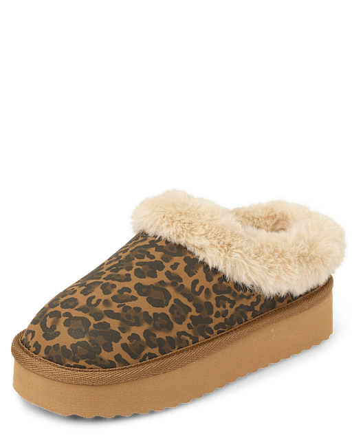 Girls Leopard Teddy Slip Ons