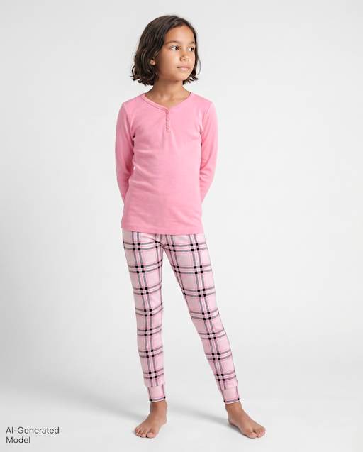 Girls Plaid Snug Fit Cotton Henley Pajamas