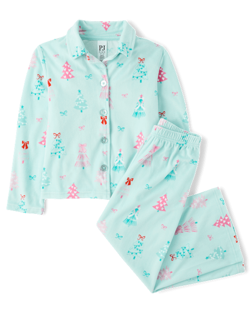 Girls Mommy And Me Christmas Tree Velour Button Front Pajamas