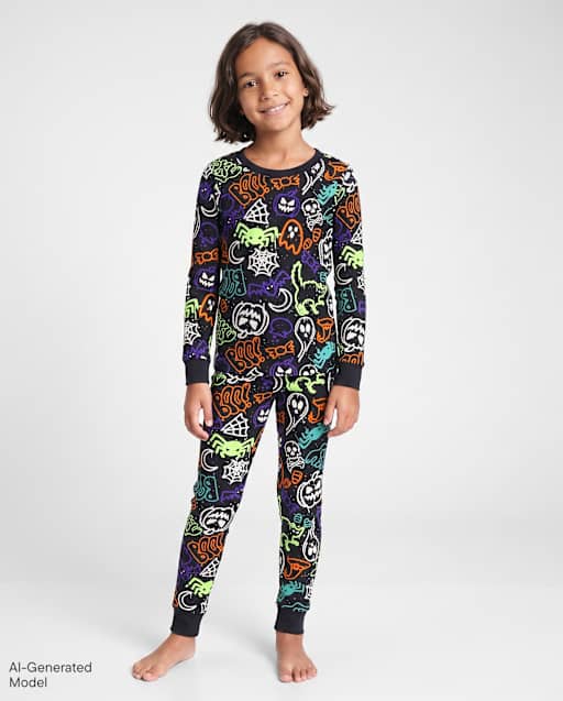 Kids Glow Halloween Graffiti Snug Fit Cotton Pajamas