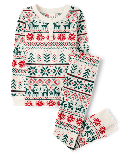 Kids Matching Family Christmas Fairisle Thermal Henley Pajamas