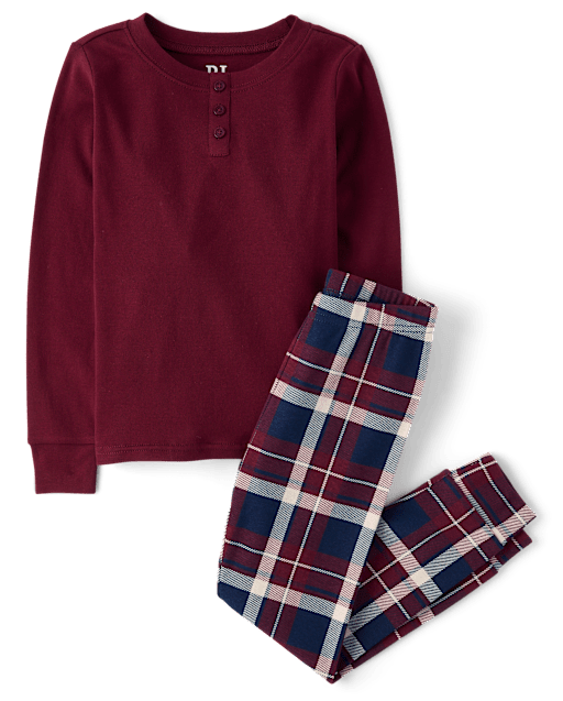 Boys Plaid Henley Snug Fit Cotton Pajamas