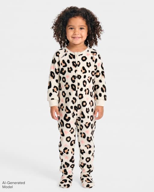 Baby And Toddler Girls Leopard Heart Footed One Piece Pajamas - Cozy Fleece