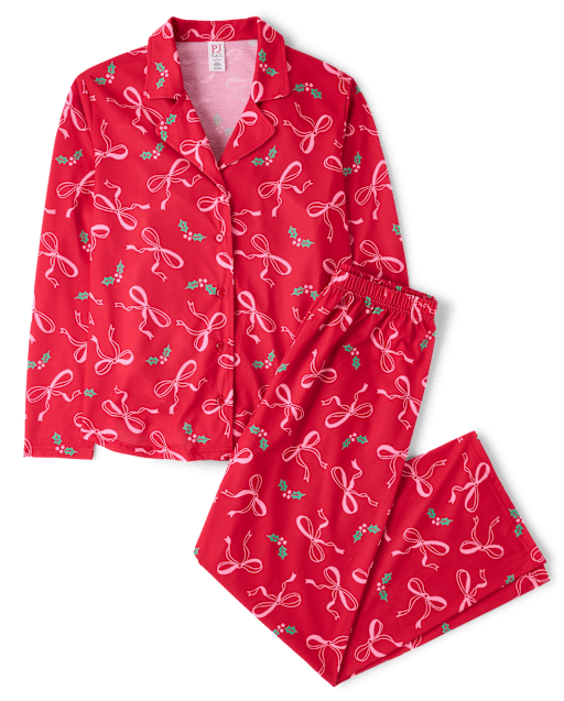 Pyjama de Noël assorti mère-fille avec nœud et boutons sur le devant
