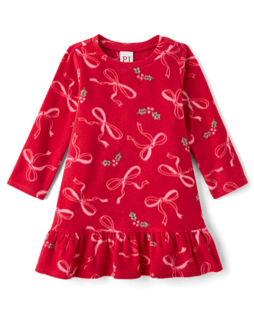 Baby And Toddler Girls Mommy And Me Christmas Bows Dream Fleece Ruffle Nightgown