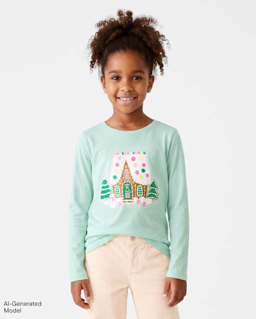 Girls Christmas Gingerbread House Graphic Tee
