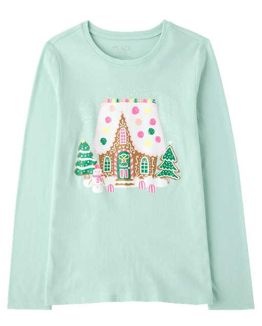 Girls Christmas Gingerbread House Graphic Tee