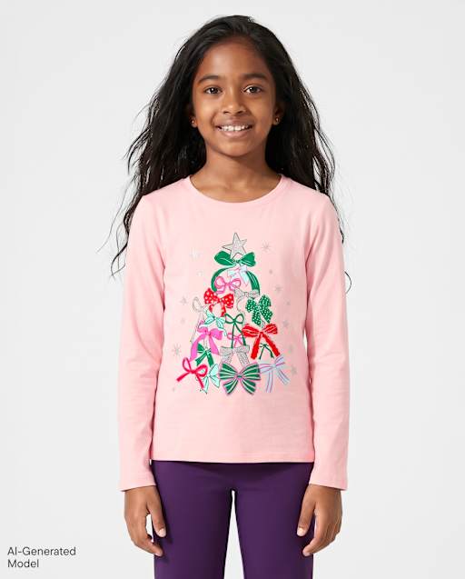 Girls Bow Christmas Tree Graphic Tee